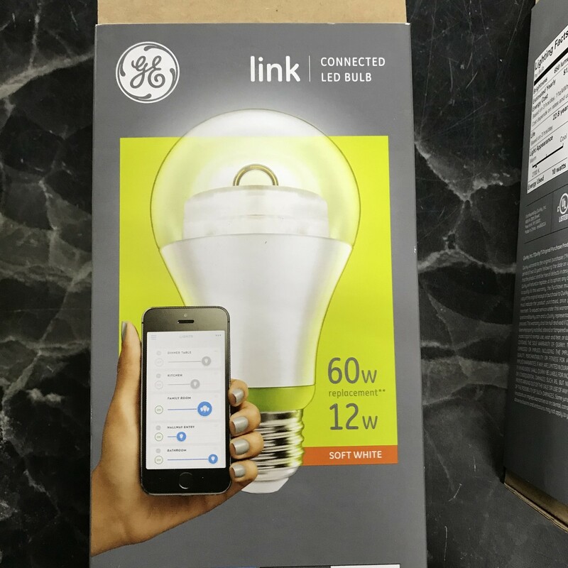LED Smart Bulb, GE Link A19 LED Bulb Soft White 60W/12W.

LIGHTING FACTS:
- BRIGHTNESS: 800 LUMENS
- LIGHT APPEARANCE: 2700K
- SOFT WHITE
- 12 WATTS : REPLACES 60 WATTS
- INCLUDES 1 A19 LED BULB
- REQUIRES HUB (NOT INCLUDED)