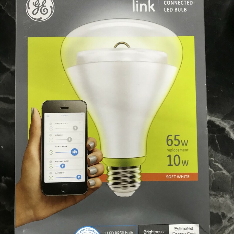 GE Link 65W Equivalent Soft White (2700K) BR30 Connected Home LED Light Bulb

LIGHTING FACTS:
- BRIGHTNESS: 650 LUMENS
- SOFT WHITE
- 12 WATTS : REPLACES 65 WATTS
- REQUIRES HUB (NOT INCLUDED)