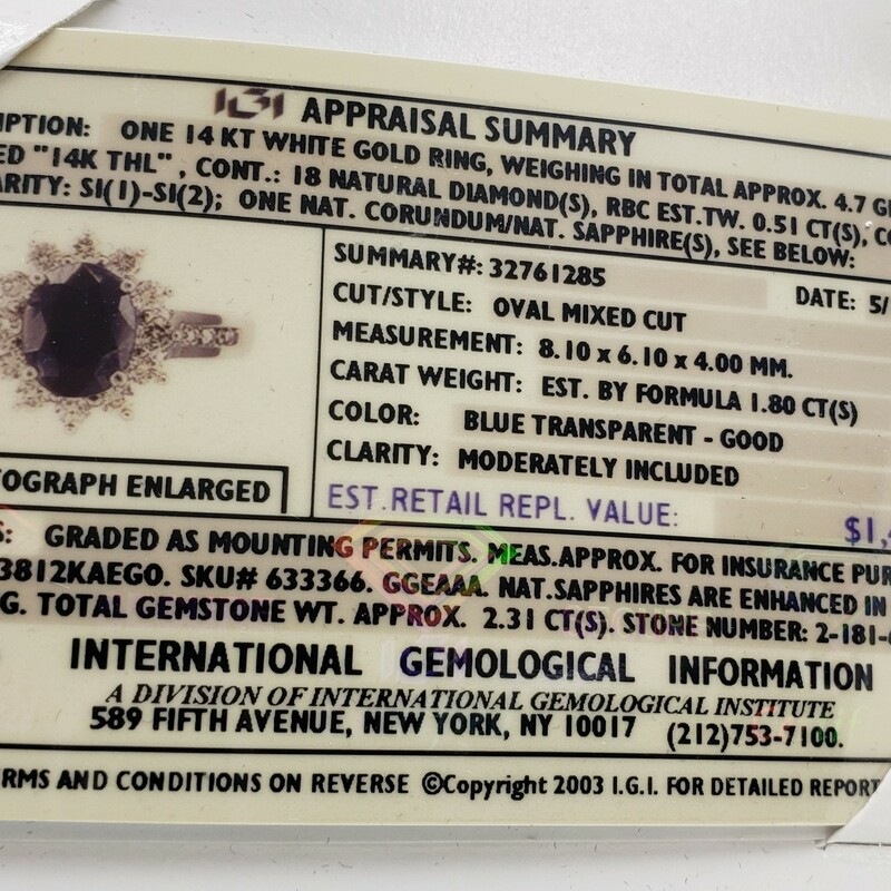 Sapphire & Diamond Ring Size 7 with Certificate of Authentication
Can be sized up or down for additional fee

Pictures do not do the jewelry justice.
Photo ID required for pick up of online purchases. We will not ship jewelry purchases.

All jewelry has been checked by a Certified Gemological Institute of America (GIA) Accredited Jewelry Professional (AJP) and/or appraised by a certified local jeweler.