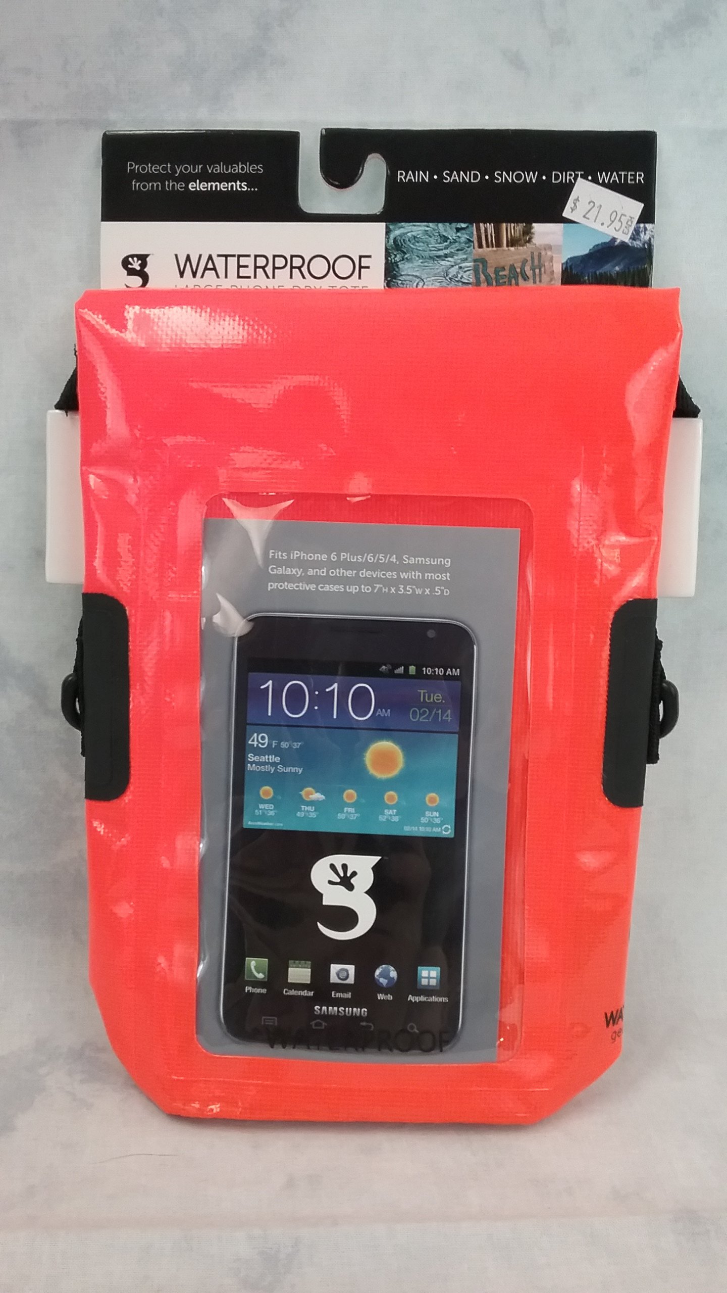 5 Colors Available. Use your device, plus protect your small valuables. Includes shoulder strap and belt loop. Designed for iPhone 6 Plus and smaller.

•Store your small valuables, plus text, talk, play games, email and surf the web on your device with protection from RAIN, SAND, DIRT, WATER and SNOW.
•Fits iPhone 6 Plus/6/5/4, Samsung Galaxy and other devices with most protective cases up to 7”h x 3.5”W x .5”D.
•Tote dimensions when closed: 8inh x 5inw x 2.6ind
•Slide device into front section and firmly zip seal closed.