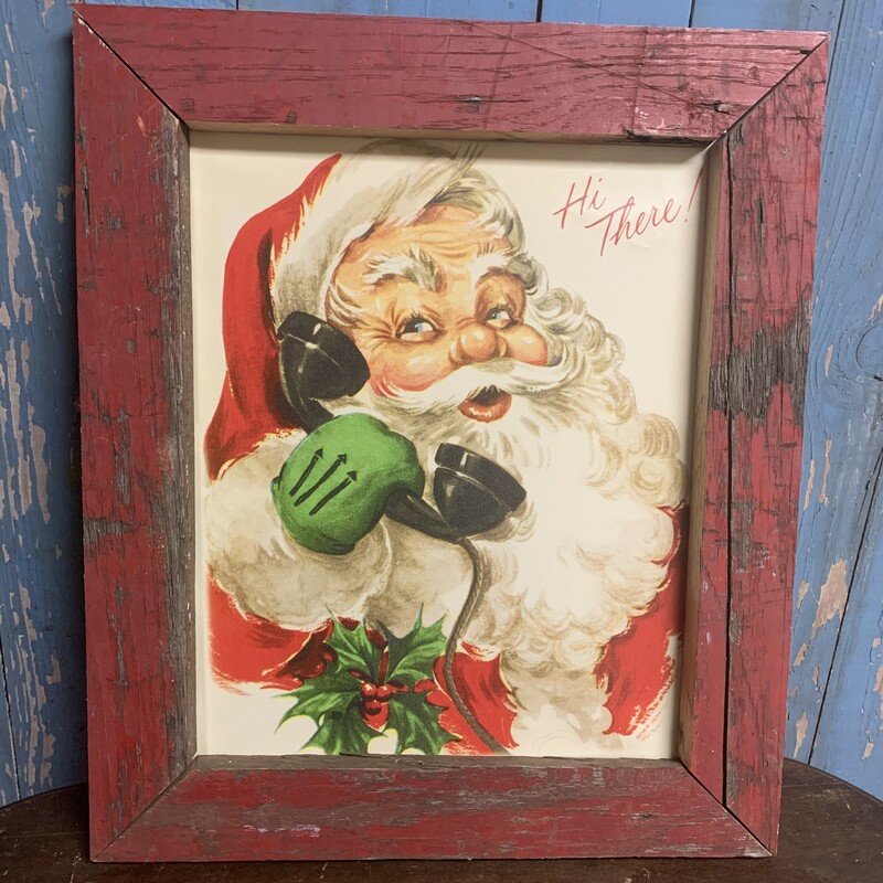 Handmade Vintage Santa  Print. Perfect rustic decor addition to your home. Measures approx frame 18 1/2'' x 15''  x 1'' print 14'' x 11''
1 - red frame
2 - chippy green frame
2 - green frame