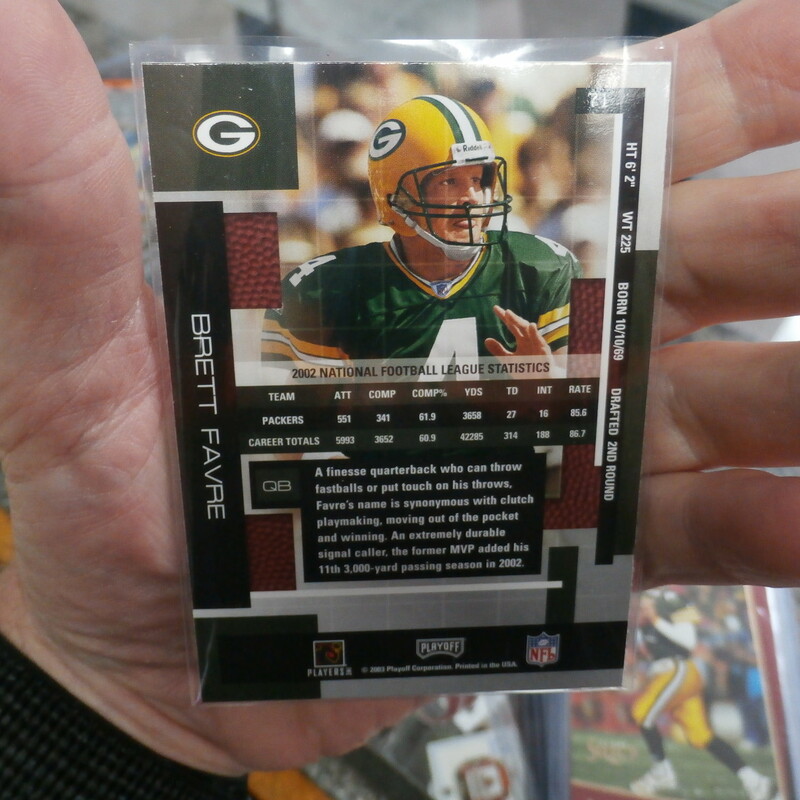 Brett Favre Green Bay Packers Lot of 4 cards (#25625)
Rating: (see below) 3 - Good Condition
Team: Green Bay Packers
Player: Brett Favre
Brand: Topps, Fleer, Bowman, Absolute
Size:   20pt
Color: multi
Material: n/a
Style:  #1. 1994 Topps #530; #2. 2000 Fleer Metal #158; #3. 2001 Bowman #50; #4. 2003 Absolute Memorabilia #71
Condition: - 3- Good condition: these 4 cards are not mint condition, they all have minor flaws, white showing on the sides; some corners are slightly rounded; small dent top L corner of the Absolute; Bowman has lots of white showing on all sides and corners, Fleer has white showing all sides and corners; topps looks crisp and square  (SEE PHOTOS)
Our cards ship in a poly mailer; penny sleeves; top loader; multi card lots ship in a thick loader together;
Shipping: FREE
Item # 25625