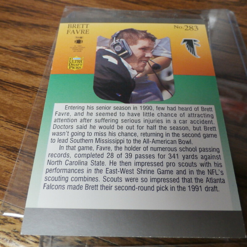 Brett Favre Green Bay Packers Lot of 3 cards - On Card Autographs (#25633)
Rating: (see below) 3 - Good Condition
Team: Green Bay Packers
Player: Brett Favre
Brand: Upper Deck, Fleer, Donruss
Size:   20pt
Color: multi
Material: n/a
Style:  #1. 1996 Upper Deck #57 On Card Autograph (NOT AUTHENTICATED); #2. 1991 Fleer #283 on card autograph (NOT AUTHENTICATED); #3. 2000 Bowman #BS-1 (1188/4091) passing yards short print
Condition: - 3- Good condition: these 3 cards are not mint condition, they all have minor flaws, white showing on the sides; some corners are slightly rounded; the Donruss has white marks on the edges and corners and some of the paper is coming off the back corners;  the Fleer is sharp but has small white marks on all the corners (the autograph is in gold pen and is faded and worn looking also its not authenticated; the upper deck is clean and sharp corners with autograph in sharpie- not autheticated   (SEE PHOTOS)
Our cards ship in a poly mailer; penny sleeves; top loader; multi card lots ship in a thick loader together;
Shipping: FREE
Item # 25633