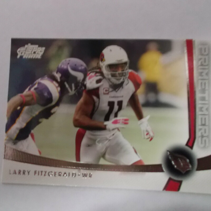 2012 TOPPS PRIME Primetimers Arizona Cardinals Larry Fitzgerald WR #PT-LF
Rating (see below): 3 - Good Condition
Team: Arizona Cardinals
Player: Larry Fitzgerald
Brand: 1. 2012 Topps #PT-LF
Size: n/a
Color: multi
Style: NFL - single card (1) 
Material: n/a
Condition:  Good condition, Light wear; been in a case for awhile in storage; card will ship in a bubble mailer with sleeve and top loader.
Shipping cost: $3.50
Item #: 7675
