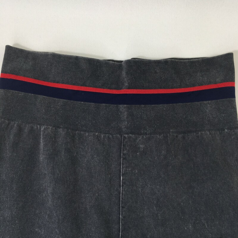 100-818 Champion, Grey, Size: Medium washed dark grey leggings with blue and red stripe at top 76% cotton 20%nylon 4% spandex  good