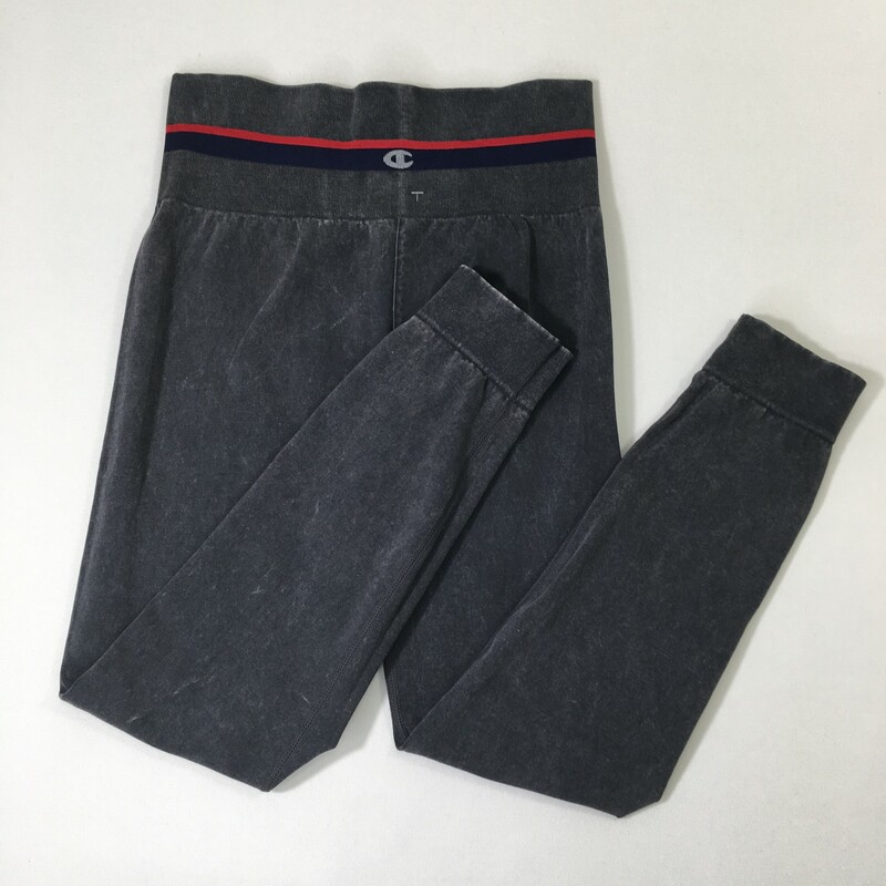 100-818 Champion, Grey, Size: Medium washed dark grey leggings with blue and red stripe at top 76% cotton 20%nylon 4% spandex  good