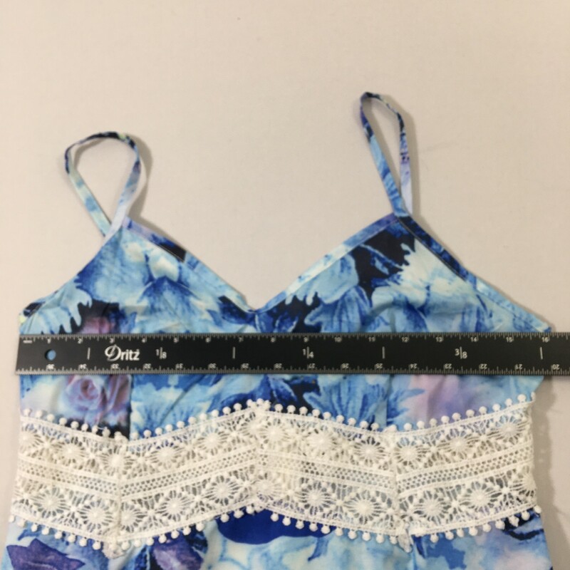 Mei Na Fashion Tank Dress, Blue, Size: Medium lace cutout around waist floral pattern