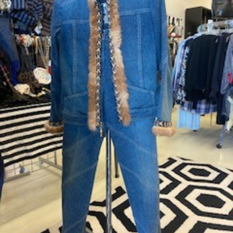 St. John: 2 piece denim set with fur in front.  Clean lines and beautiful style.  Size 2.