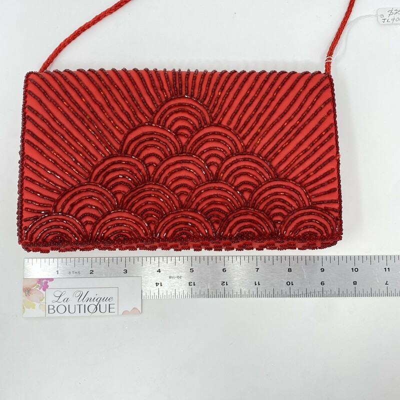 116-090 X, Red Satin beaded, Clutch with shoulder strap, magnetic snap closure