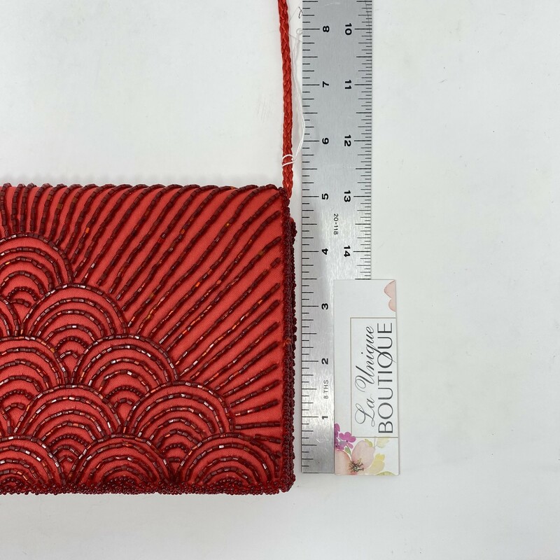 116-090 X, Red Satin beaded, Clutch with shoulder strap, magnetic snap closure