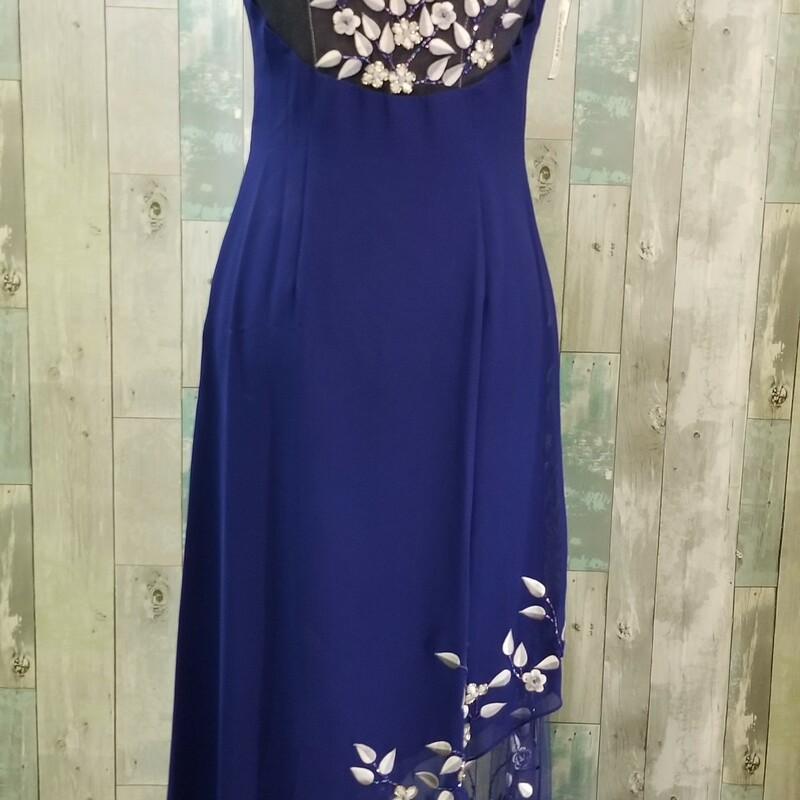 Fiesta long formal with embroidered and beaded flower and ivy pattern. Lightly padded cups, asymetrical hemline over sheer, embroidered mesh<br />
Side zip closure<br />
Royal and silver<br />
Size: Medium<br />
REMEMBER: There are no returns so we suggest you stop in and try it on