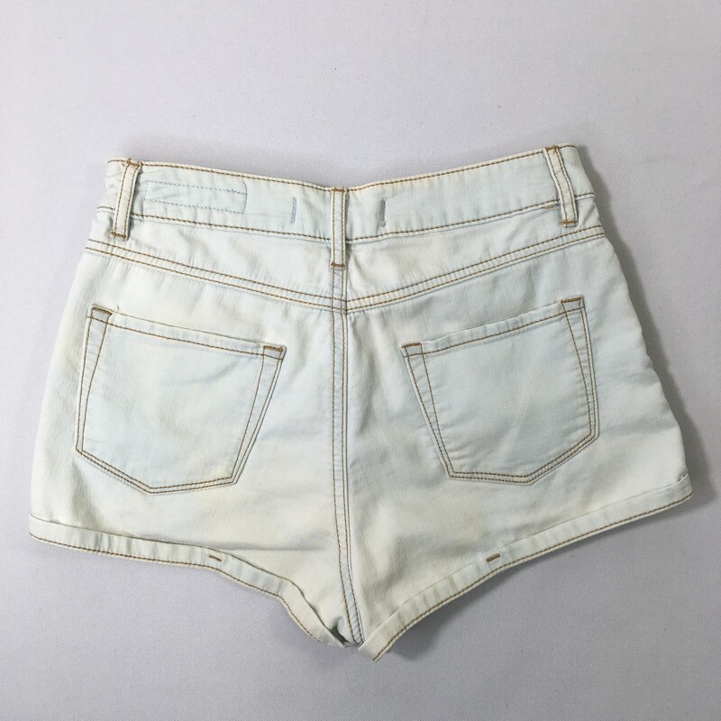 103-227 Bullhead Denim Co, White, Size: 3 white/light blue super high rise shorts  88% cotton 11% polyester 1% spandex  good