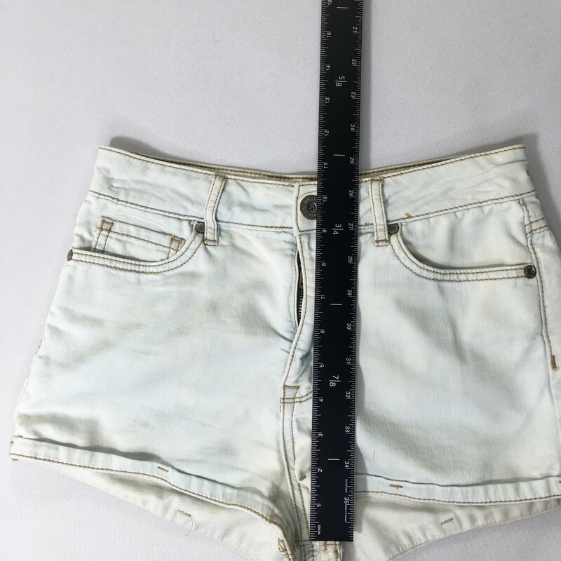 103-227 Bullhead Denim Co, White, Size: 3 white/light blue super high rise shorts  88% cotton 11% polyester 1% spandex  good