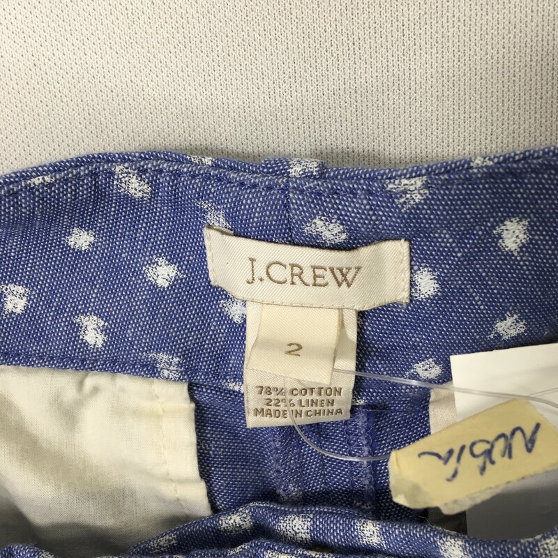 110-028 J Crew, Blue And, Size: 2 Blue Shorts With White Spots 78% Cotton 22% Linen  Good