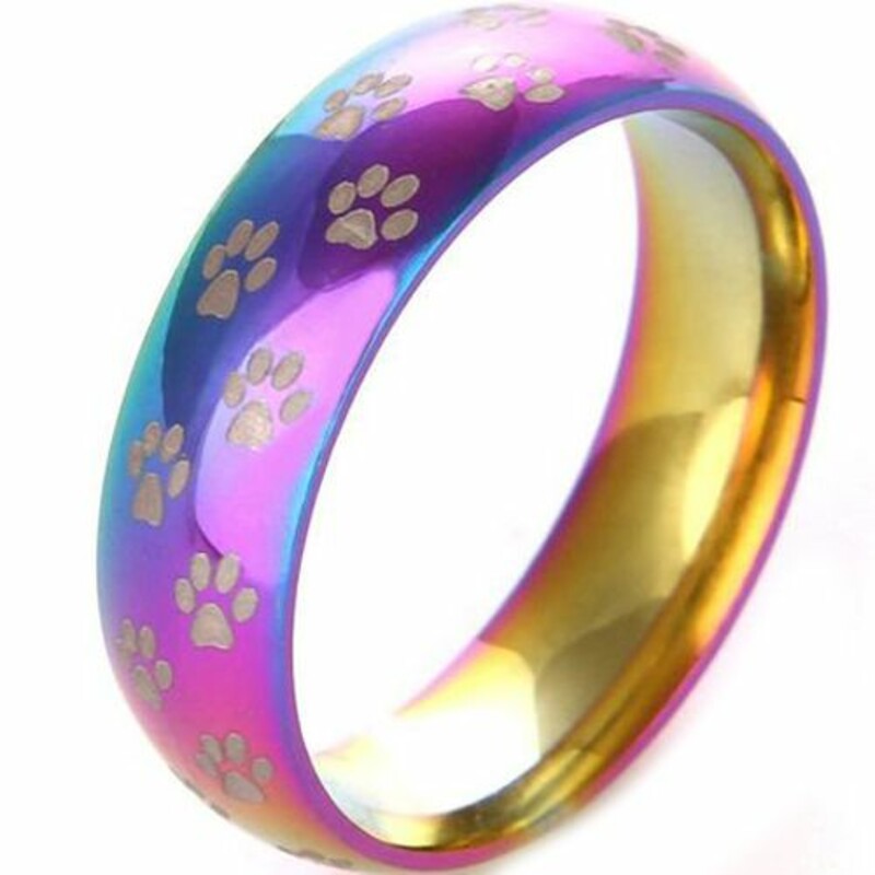 Available in Adult sizes 7, 8, 9, 10 & 11<br />
<br />
Fundraiser for Fixed Fur Life! Buy a Rainbow Pawprint stainless steel Ring and support the homeless and abandoned animals in our community, Multi Co, looks pretty as a pendant as well as a ring