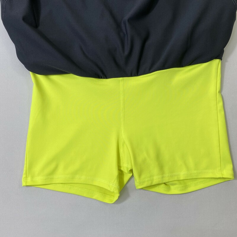 105-198 Champion, Grey, Size: Medium Over skirt 90% polyester 10% spandex neon yellow shorts liner. Inside pocket waist back