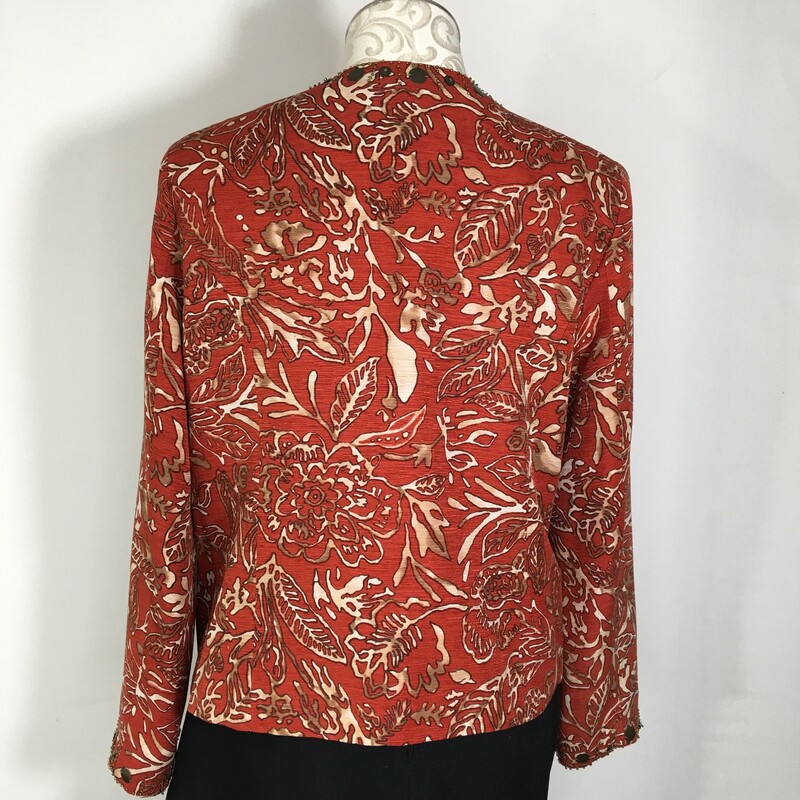 100-319 Trenz By Theresa, Orange, Size: Large patterned and beaded light jacket 85% silk 15% viscose