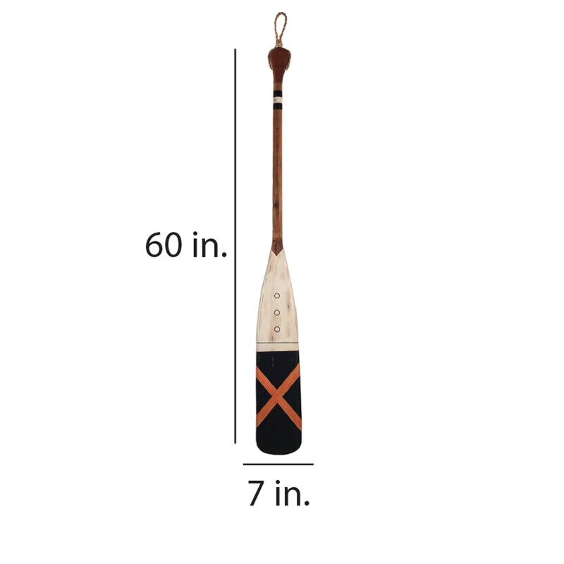 Navy With Orange Cross Oar  60in<br />
<br />
nspired by a mix of bold popular nautical colors and design, this vintage style oar is an artistic interpretation of the images from the shoreline. The solid wood, eco-friendly piece is handmade through the honed talents of highly skilled artisans.