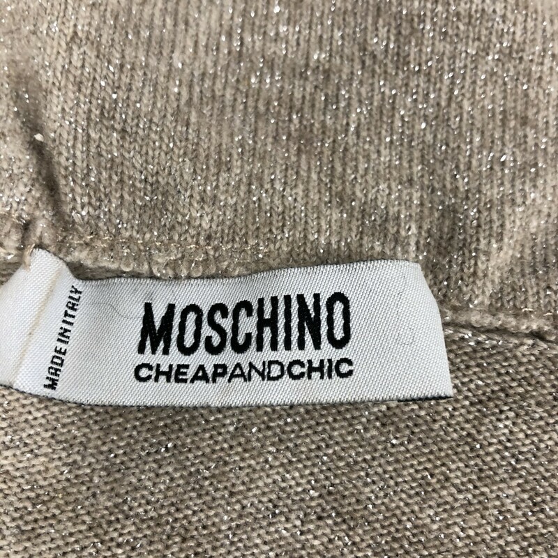 MOSCHINO  'CHEAP & CHIC'   LONG SLEEVE SWEATER - SIZE USA 6  (I 40 ).  This is a pullover style, exquisite ruffled collar , V-necked with long sleeves. This is a neutral beige color with slight glitter accents.  Composition =  37% virgin wool, 27% nylon, 23% rayon and 9% cashmere.  Condition - very good with absolutely no visible signs of wear.  Could be easily worn with a smart pencil skirt, tailored slacks or an unusual lovely skirt such as one that Zac  Posen presented which I took the liberty of showing  in enclosed pictures.  Please remember - designer sizes can be inconsistant - please be sure of your size in designer line.