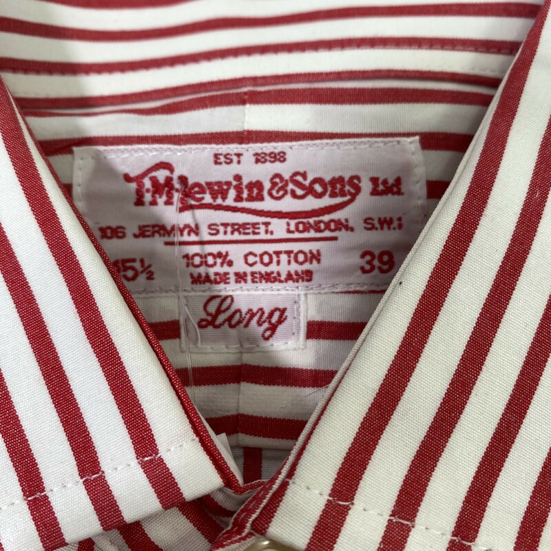 100-1069 TM Jewin & Sons, Red And, Size: 15 1/2-39<br />
red and white striped long button up shirt 100% cotton