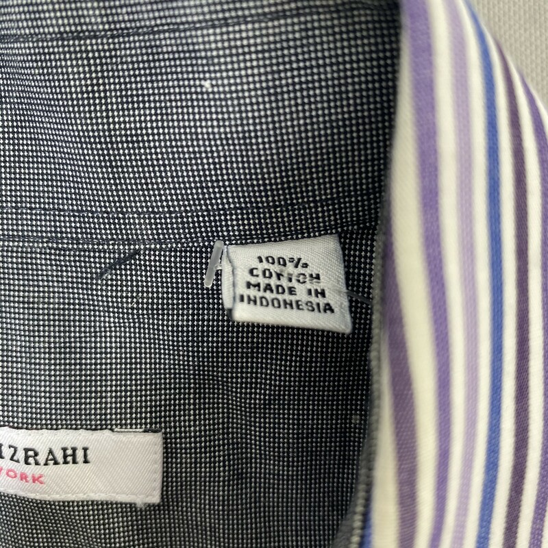 125-081 Isaac Mizrahi, Purple, Size: 15 1/2
purple blue and white striped mens butto up shirt 100% cotton  good