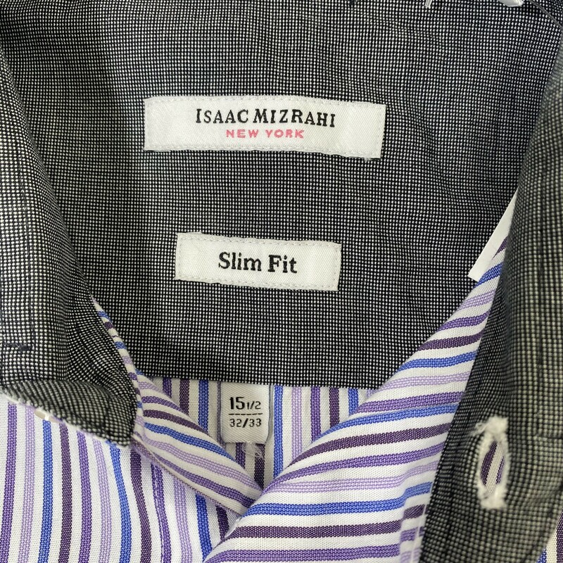 125-081 Isaac Mizrahi, Purple, Size: 15 1/2
purple blue and white striped mens butto up shirt 100% cotton  good