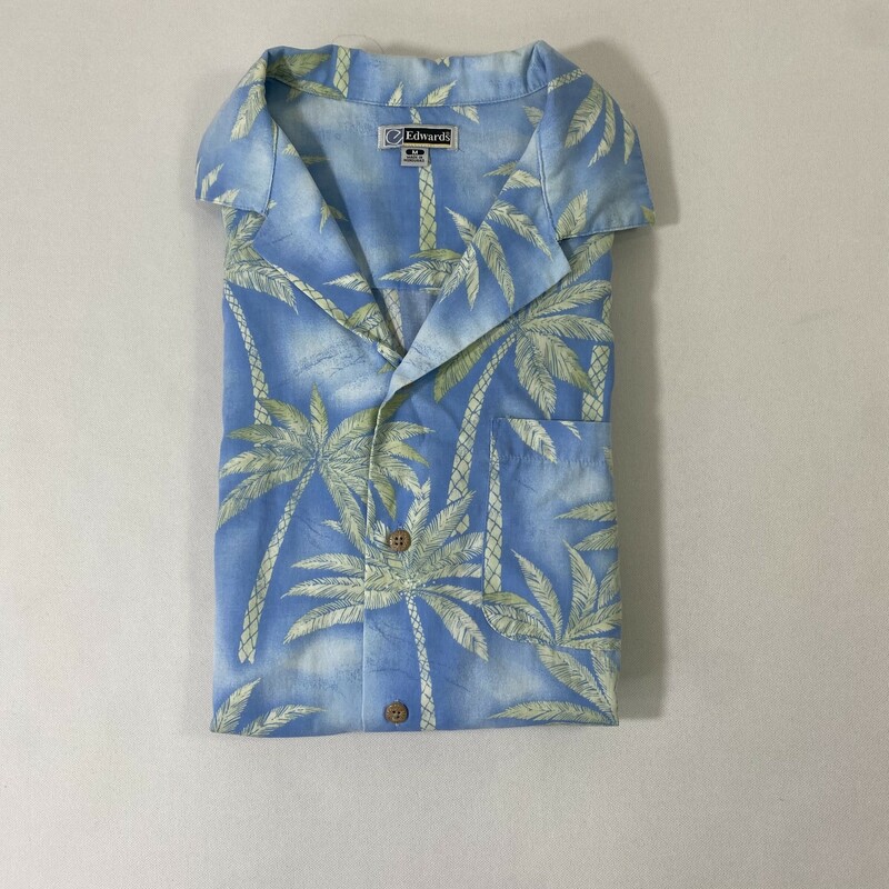 100-665 Edwards, Blue, Size: Medium Blue short sleeve button down shirt w/ palm tree print cotton/polyesther