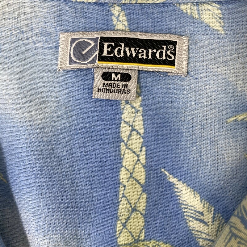 100-665 Edwards, Blue, Size: Medium Blue short sleeve button down shirt w/ palm tree print cotton/polyesther