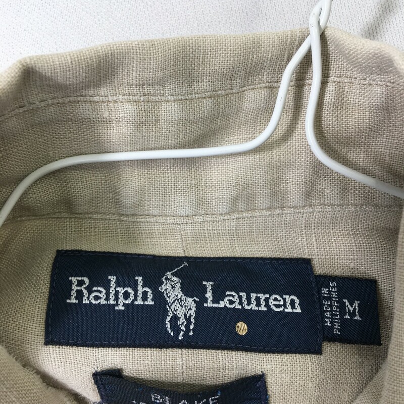 114-085 Ralph Lauren, Beige, Size: Medium beige long sleeve mens button-up shirt 100% linen