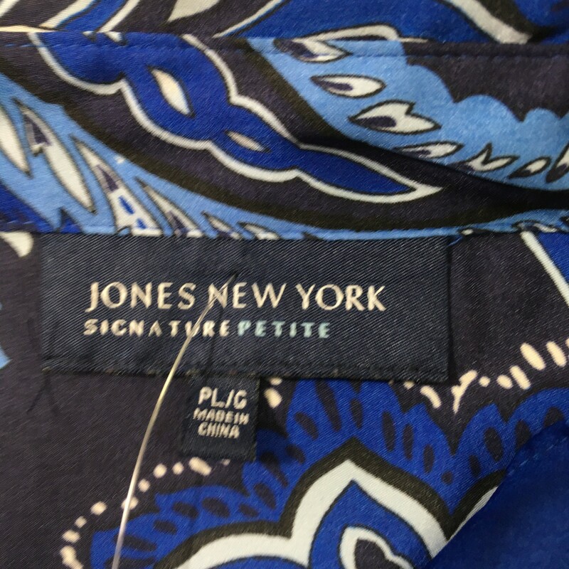 120-428 Jones New York, Blue, Size: Large petite patterned silky blouse with ruffles and a wrap in the front 100% polyester  good