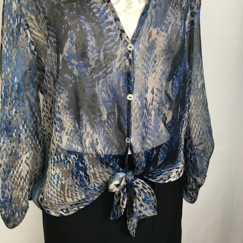 124-008 West Kei, Blue, Size: Large blue and grey sheer button up blouse 100% polyester  good