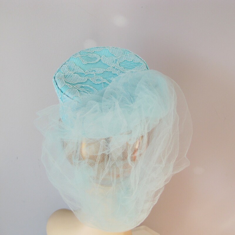Super fun tiny pillbox, covered with lace with a pouf of tulle at the back.<br />
IF you are loving the blue tones trend this season this might be a unique way of topping off a look<br />
<br />
No tags<br />
Excellent vintage condition<br />
16in around measured on the inside<br />
<br />
thanks for looking!<br />
#17958