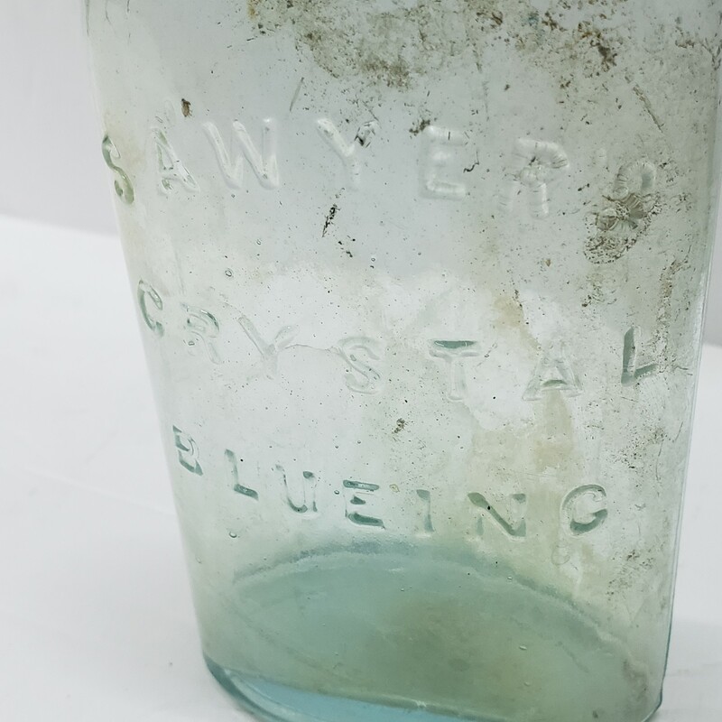 Antique Sawyers Crystal Blueing, Green Flask Shape 6.5in tall Bottle. Great addition to any laundry room display!