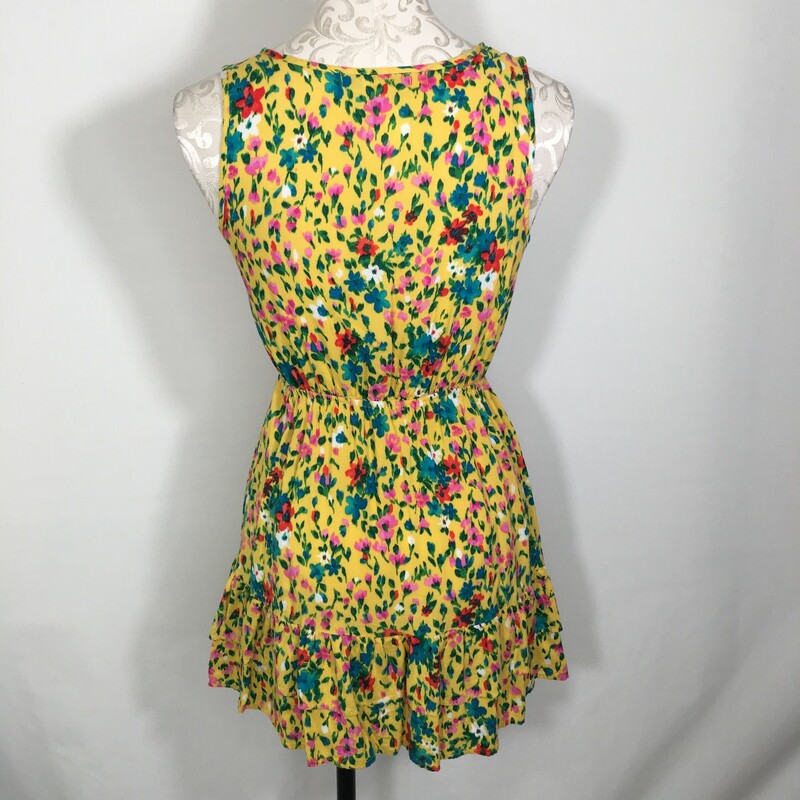 125-099 Forever 21, Yellow, Size: Small yellow dress with floral patterns and ruffles on the bottom 100% rayon  good