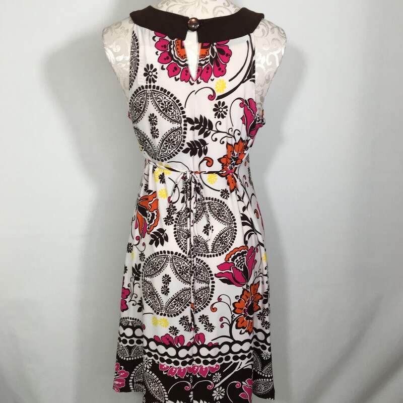 120-454 Candie's, Multicol, Size: Small brown haletr dress with gems and pink orange and yellow floral pattern 95% polyester 5% spandex  good