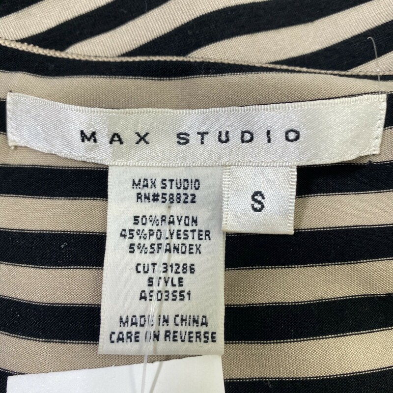 100-122 Max Studio, Black, Size: Small striped dress with knot in middle 50% rayon 45% polyester 5% spandex