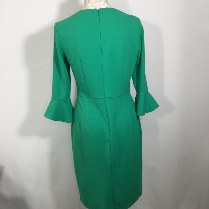 131-011 Donna Morgan, Green An, Size: 4 mid lenth sleeve with ruffle straight green dress 96% polyester 4% spandex