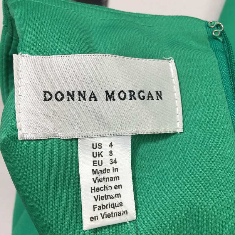 131-011 Donna Morgan, Green An, Size: 4 mid lenth sleeve with ruffle straight green dress 96% polyester 4% spandex