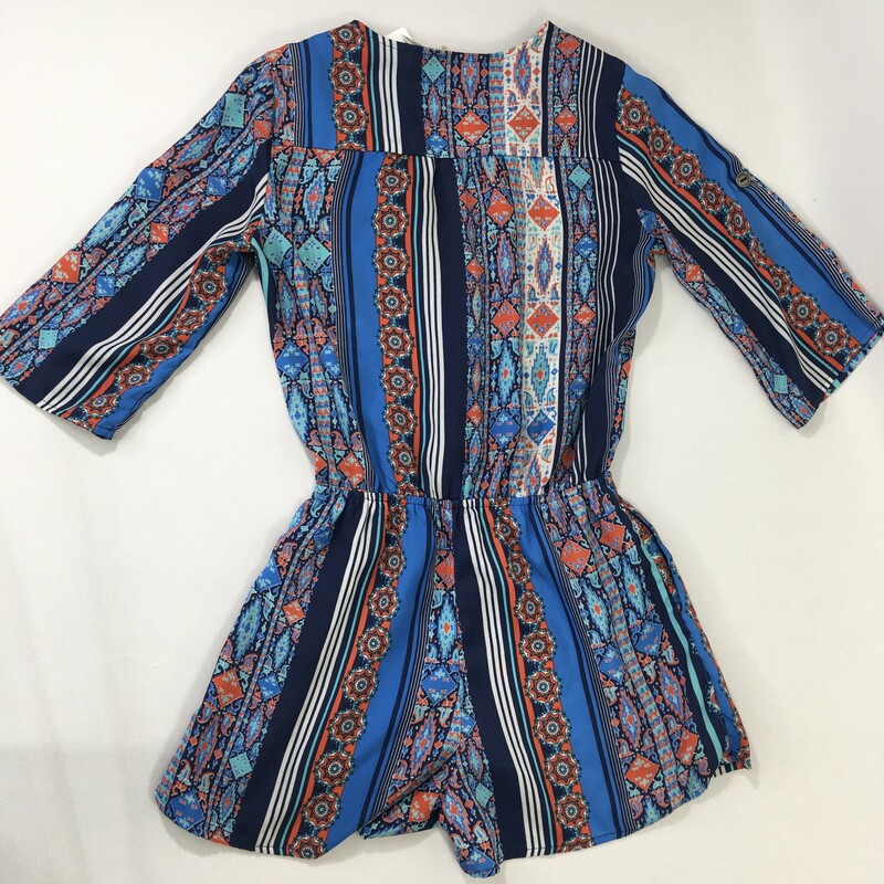 125-041 Mimi Chica, Multicol, Size: Xs blue orange and white patterned button up romper 100% polyester  good