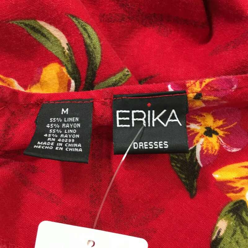 120-459 Erika Dresses, Red, Size: Medium tank top v neck dress with hawaiian flowers on it 55% linen 45% rayon  good
