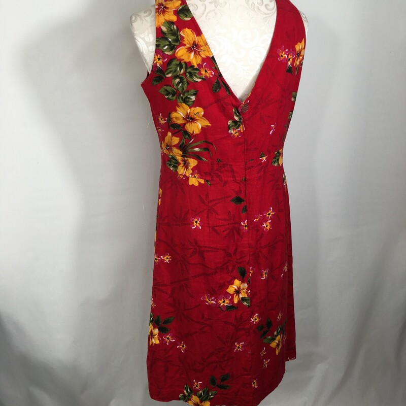 120-459 Erika Dresses, Red, Size: Medium tank top v neck dress with hawaiian flowers on it 55% linen 45% rayon  good