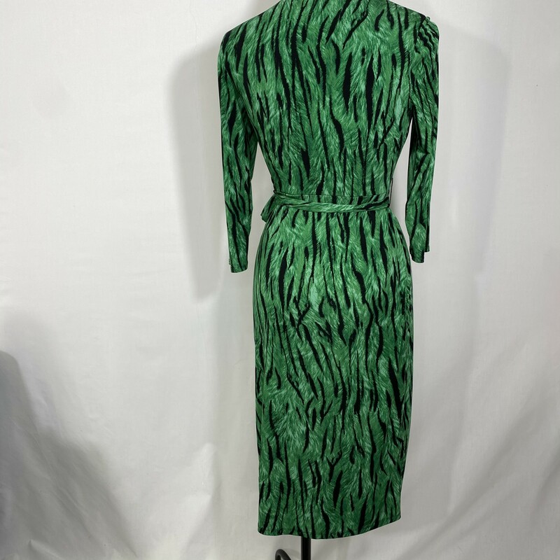 131-010 International Con, Green An, Size: Small long sleeve green and black patterned wrap dress 95% polyester 5% spandex