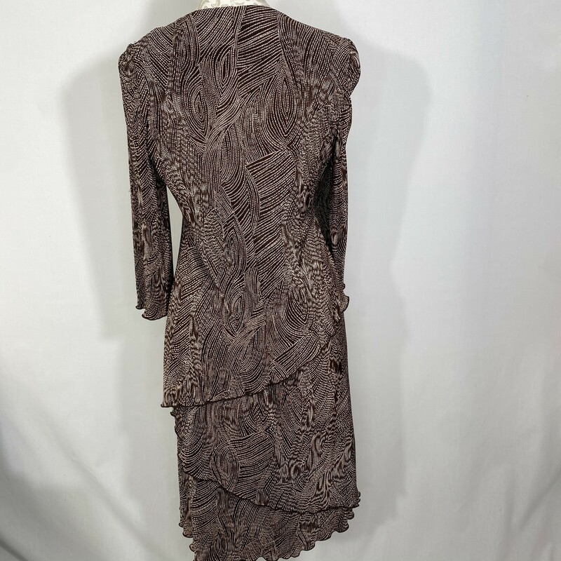 100-146 Connected Apparel, Brown, Size: 12 long sleeve ruffle patterned dress with v neck