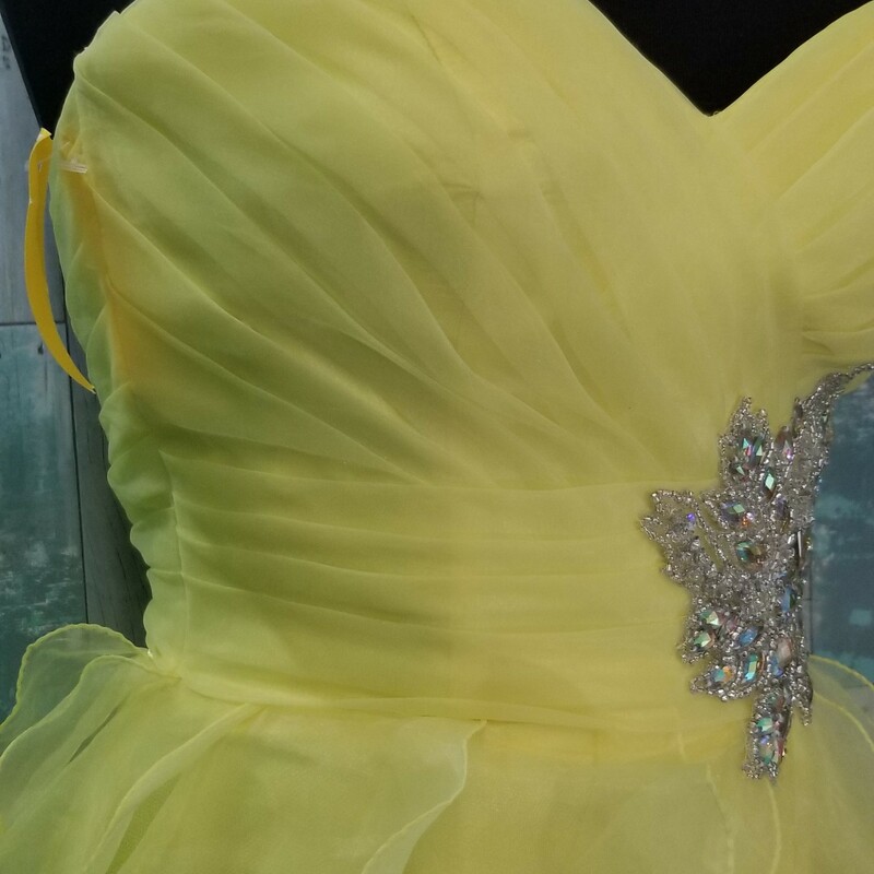 Tagless Full Ruffle Formal
Strapless with a beaded design for extra pop!
Yellow
Size: Small