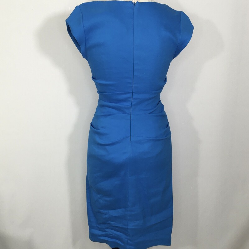 100-1006 Nicole Miller, Blue, Size: 4 blue v neckwith scrunches on the side dress 55% linen 43% viscose 2% spandex  good