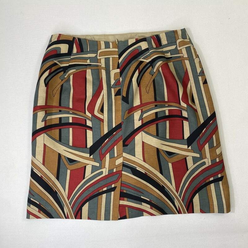 120-497 Talbots, Multicol, Size: 12 red brown blue and beige patterned skirt 55% silk 45% wool   good