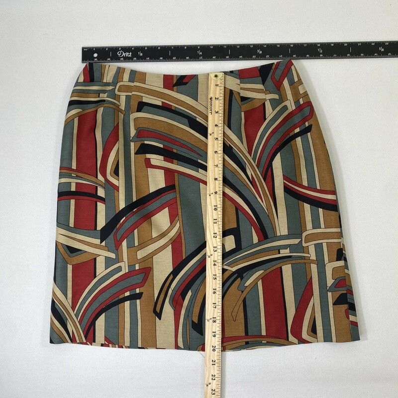 120-497 Talbots, Multicol, Size: 12 red brown blue and beige patterned skirt 55% silk 45% wool   good