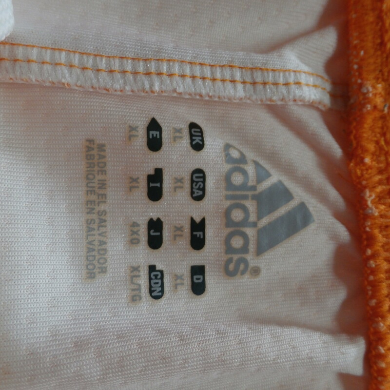 Tennessee Lady Volunteers adidas Men's Basketball Shorts XL Orange #26788
Rating: (see below) 3 - Good Condition
Team: Tennessee Lady Volunteers
Player: N/A
Brand: adidas
Size: XL - Men's(Measured: Across waist flat 17\"; length 24\"; inseam 11\")
Measured: laying flat
Color: Orange
Style: screen pressed logo; Dri-FIT; elastic waist; drawstring; No pockets
Material: 100% polyester
Condition: 3 - Good Condition - wrinkled; material looks and feels great; clean and crisp; few tiny stains
Item #: 26788
Shipping: FREE