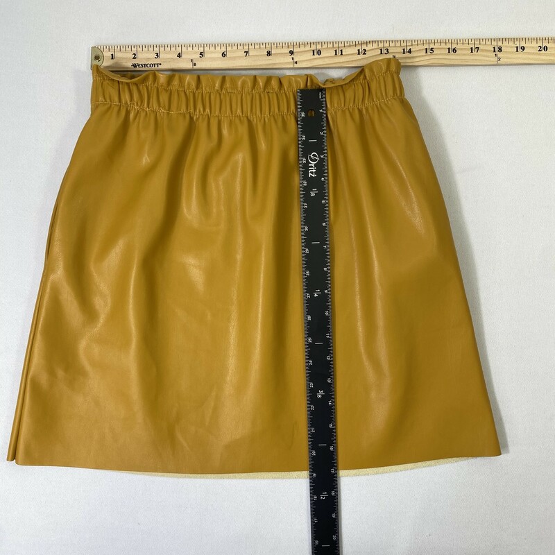 120-502 Zara, Yellow, Size: Medium mustard yellow leather skirt with scrunched waist 100% polyester  good