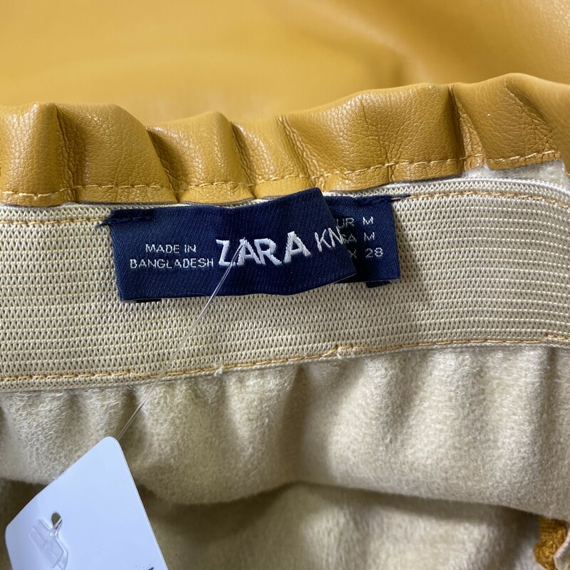 120-502 Zara, Yellow, Size: Medium mustard yellow leather skirt with scrunched waist 100% polyester  good